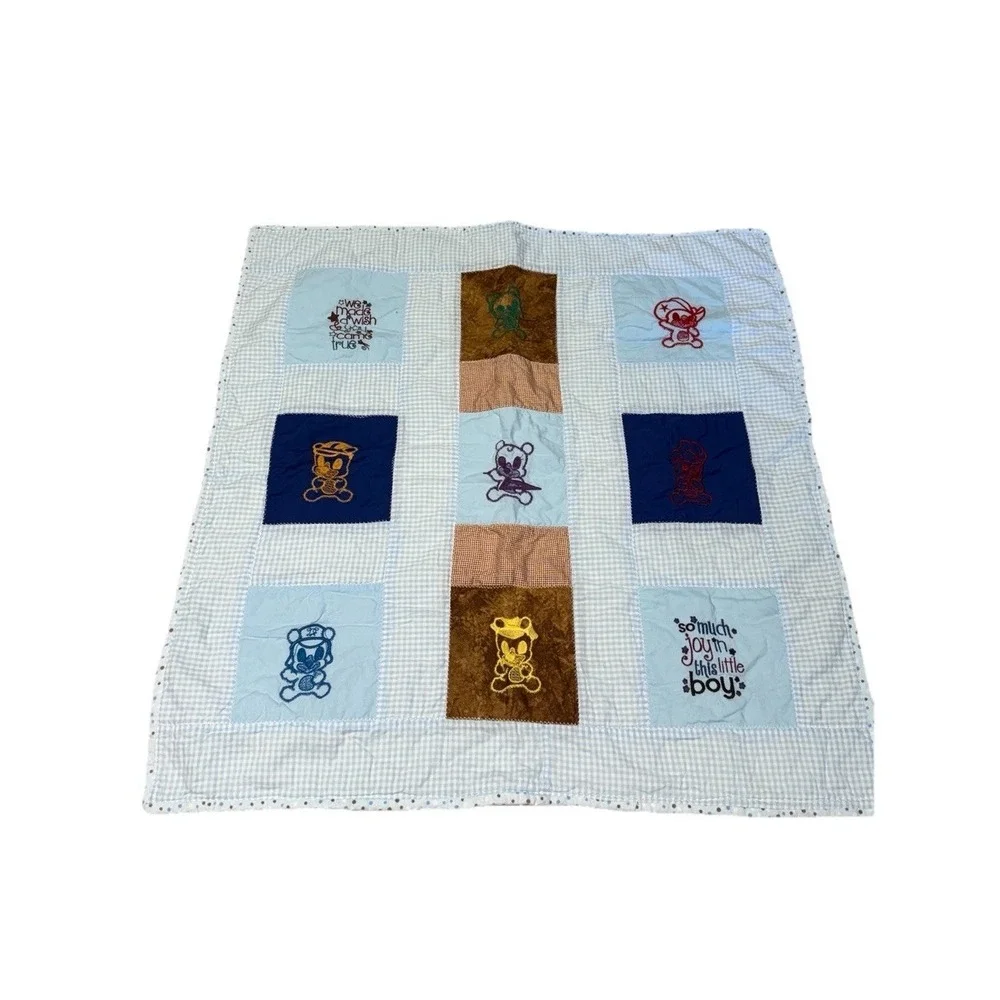 Baby Boy Patchwork Quilt Teddy Bear Blue Brown 32x32 Crib Stroller Blanket